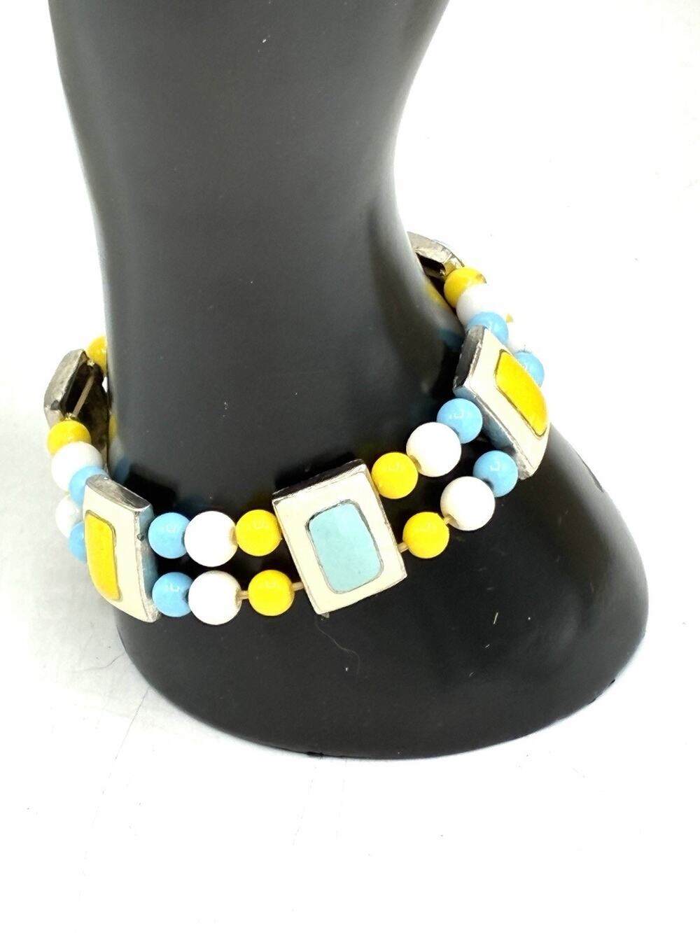 Vintage Enamel Panel Bracelet Yellow Turquoise Silver Tone Bead Stretch